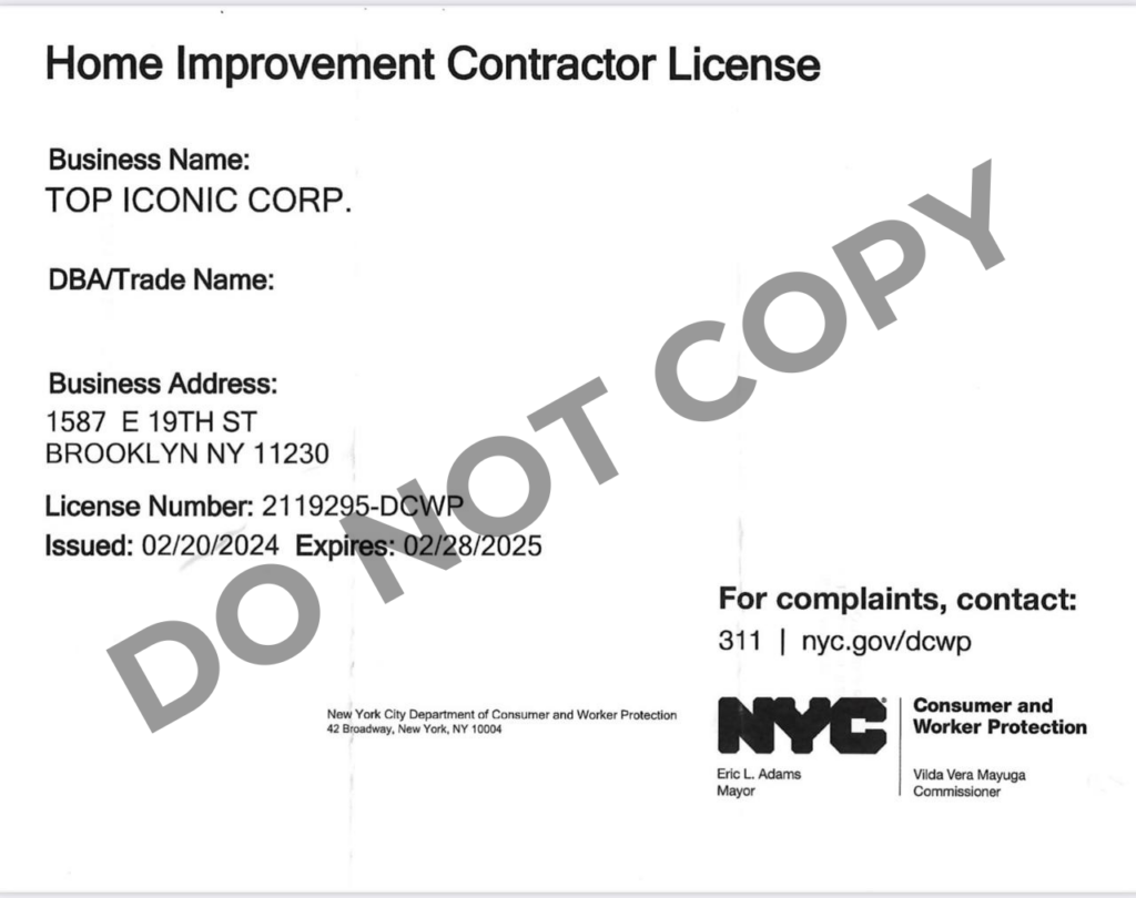 Home Improvement Contractor License for Top Iconic Contractors, certifying authorization to perform renovation and remodeling services in New York City