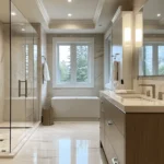 Elegant bathroom remodeling in Brooklyn with marble countertops, custom vanity, and modern lighting—showcasing a luxury transformation