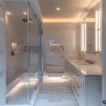 Bathroom remodeling in Brooklyn featuring eco-friendly fixtures, stylish wood accents, and a frameless glass shower enclosure