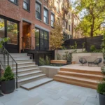 Custom stone pathway and patio installation by hardscape contractors in Brooklyn, creating a functional and elegant outdoor space