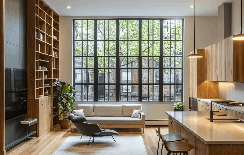 Living room transformation as part of a home renovation in Brooklyn, showcasing open shelving, hardwood floors, and natural light