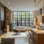 Living room transformation as part of a home renovation in Brooklyn, showcasing open shelving, hardwood floors, and natural light