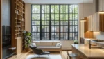 Living room transformation as part of a home renovation in Brooklyn, showcasing open shelving, hardwood floors, and natural light