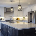 Brooklyn kitchen remodel featuring marble countertops, dark wood cabinetry, and under-cabinet lighting, combining elegance with functionality