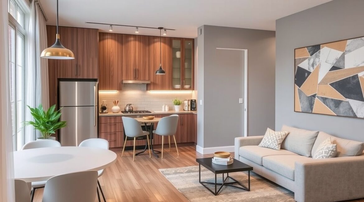 Modern apartment interior featuring an open-concept kitchen with warm wooden cabinets, stainless steel appliances, and a cozy dining area, connected to a stylish living space with a gray sofa, abstract wall art, and contemporary lighting.