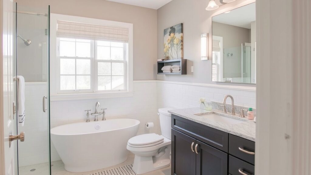 Modern bathroom featuring a freestanding tub, glass-enclosed shower, dual-tone vanity, and sleek fixtures, reflecting current bathroom remodeling trends.