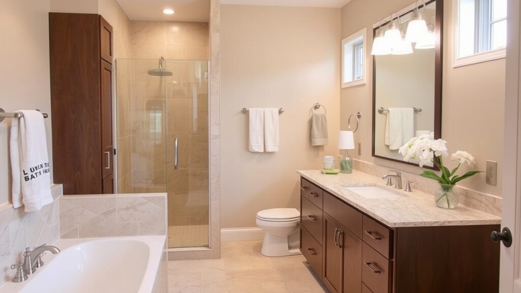 A luxurious bathroom with a freestanding soaking tub and updated tiles as part of a renovation project.