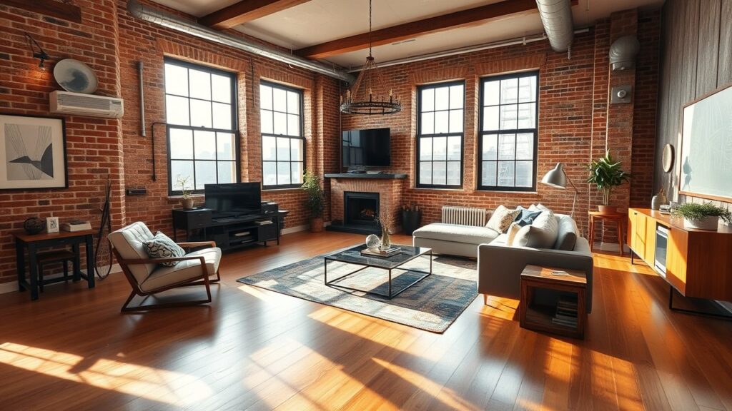 Spacious industrial-style living room with exposed brick walls, large windows, and wooden ceiling beams. The space features a cozy seating area with a gray sofa, armchair, and coffee table, complemented by a fireplace and modern decor.