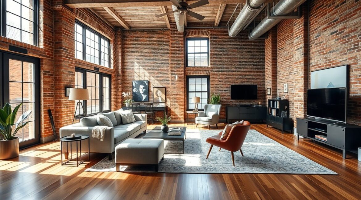 Spacious industrial-style living room with exposed brick walls, large windows, and wooden ceiling beams. The space features a cozy seating area with a gray sofa, armchair, and coffee table, complemented by a fireplace and modern decor.