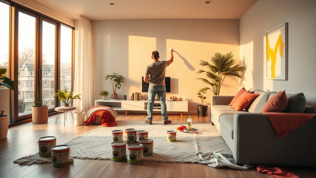 Bright and modern living room with floor-to-ceiling windows letting in natural light. A person is painting the wall, surrounded by cans of paint on a rug. The room features a gray sofa with orange cushions, green plants, and minimalistic decor.