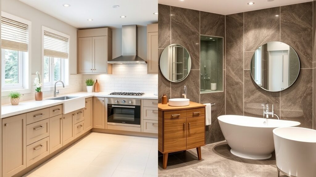 Modern kitchen with beige cabinetry, a farmhouse sink, and stainless steel appliances next to a luxurious bathroom featuring a freestanding bathtub, a wooden vanity, round mirrors, and elegant gray tile walls. 