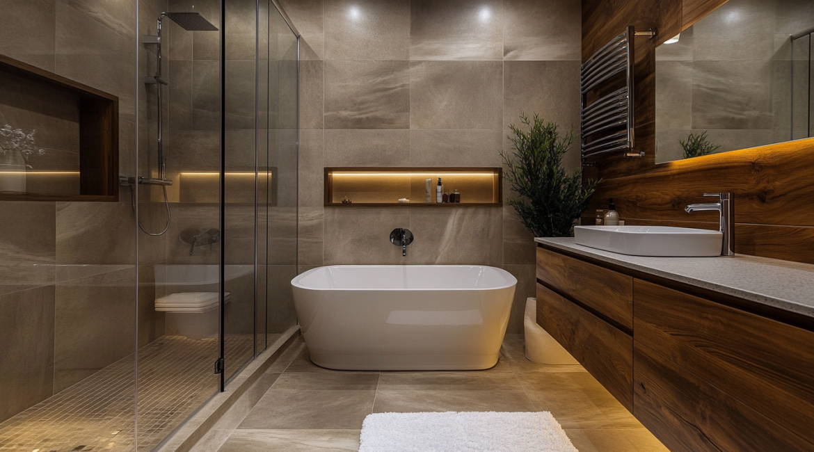 Modern bathroom remodel with an open floor plan and custom cabinetry in Brooklyn