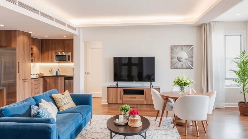 Modern living room and kitchen area with wooden cabinetry, a blue sofa, a TV on a wooden stand, a small dining table with white chairs, and decor including plants and artwork on the wall.