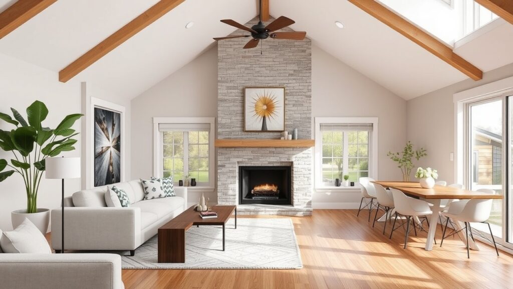 Modern living space with vaulted ceilings, exposed beams, a stone fireplace, and large windows, highlighting top remodeling trends in Brooklyn