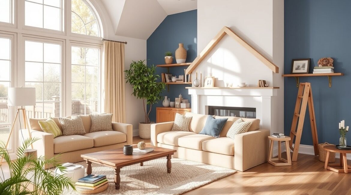 Modern living space with vaulted ceilings, exposed beams, a stone fireplace, and large windows, highlighting top remodeling trends in Brooklyn.