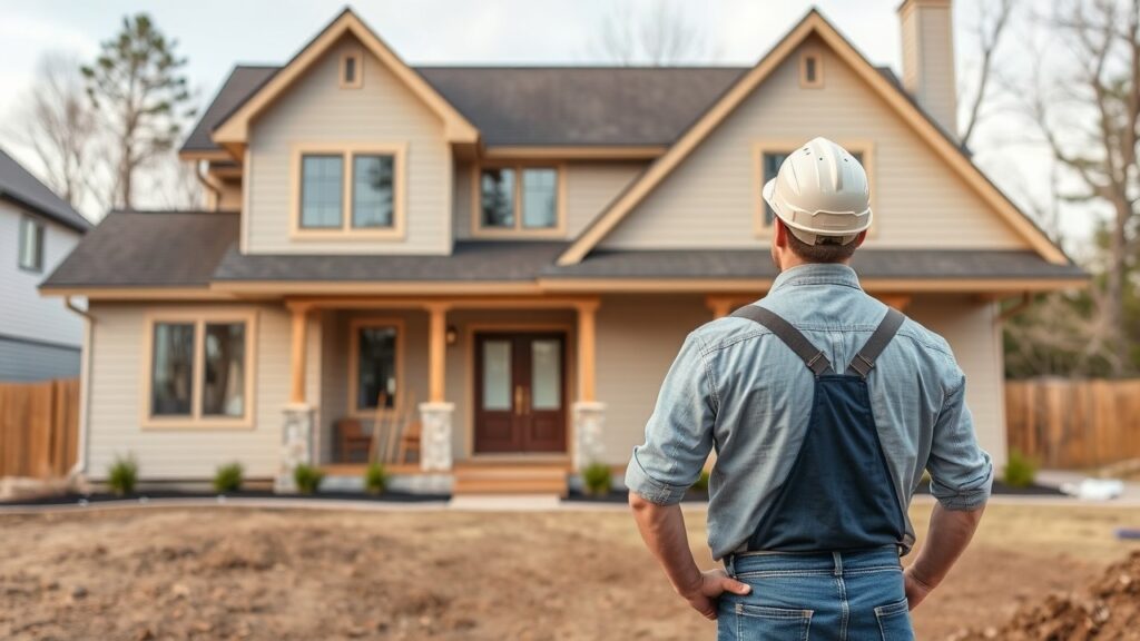 Home Renovation Contractor wearing a hard hat, standing and observing a modern two-story house under renovation, with a clear sky and trees in the background.