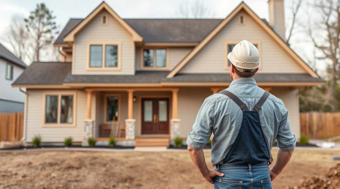 Home Renovation Contractor wearing a hard hat, standing and observing a modern two-story house under renovation, with a clear sky and trees in the background.