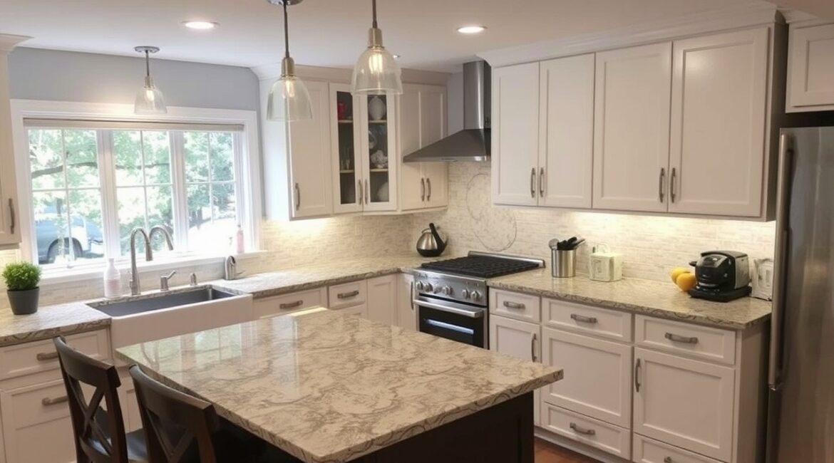 Bright and modern Brooklyn kitchen renovation featuring white shaker cabinets, marble-patterned countertops, a farmhouse sink, stainless steel appliances, and pendant lighting over a central island.