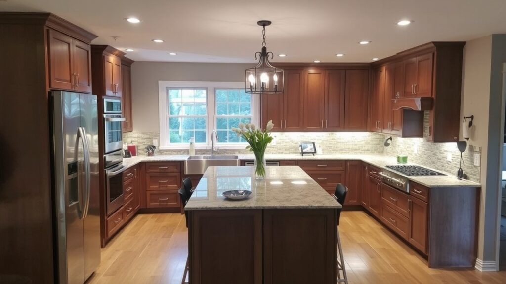 Brooklyn kitchen renovation showcasing rich wooden cabinetry, a large granite island with seating, stainless steel appliances, and a modern chandelier for a warm and inviting atmosphere.