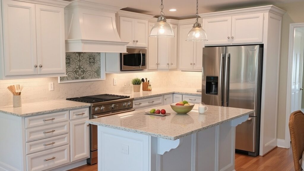 Modern kitchen renovation in Brooklyn featuring white cabinetry, stainless steel appliances, pendant lighting, and a spacious marble island with fresh fruit for a stylish and functional space.