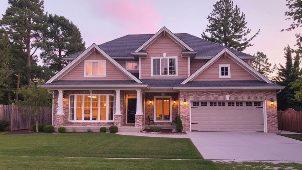 Elegant house exterior showcasing warm lighting, large front windows, and a spacious driveway leading to a double garage, perfect for inspiring home renovations