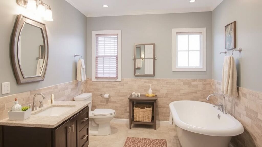 Elegant bathroom remodel featuring a freestanding tub and modern vanity.