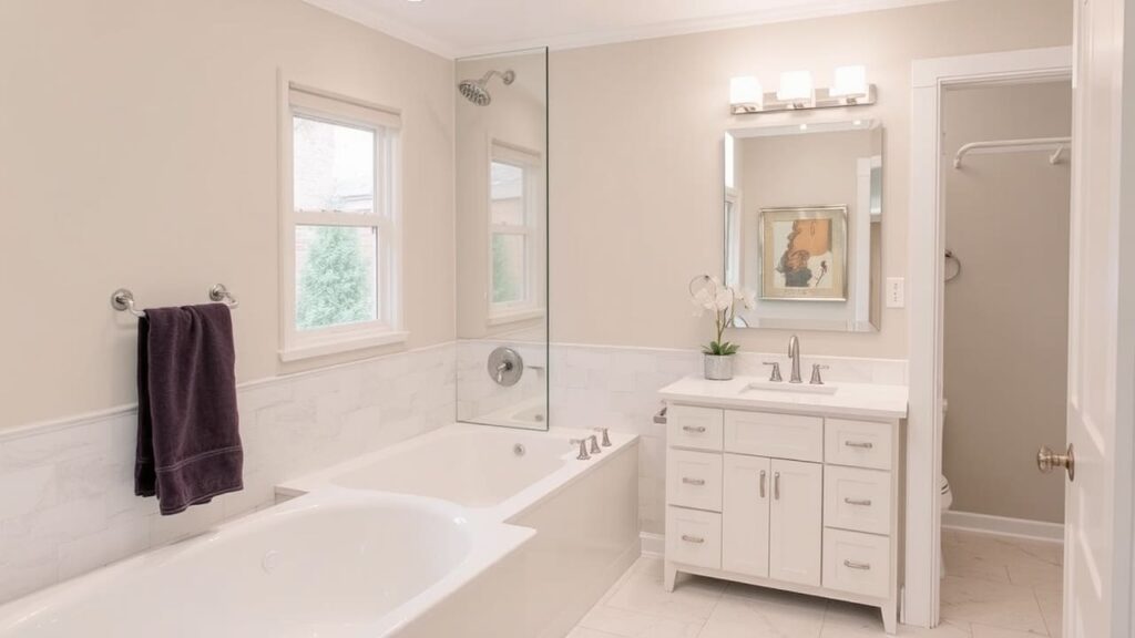 Modern bathroom renovation featuring a white vanity, bathtub, and glass shower partition.