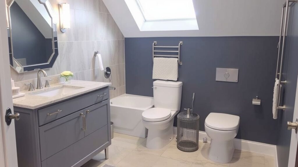 Renovated bathroom featuring a sleek vanity, toilet, bathtub, and heated towel rail