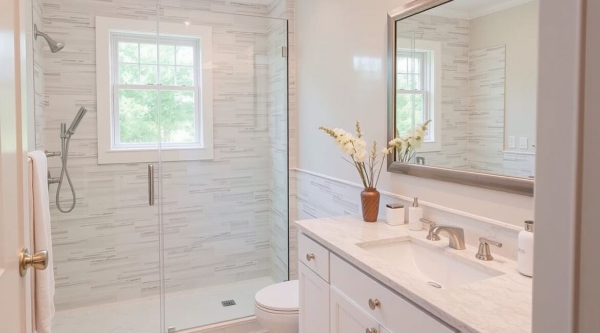 Stylish bathroom remodel showcasing a modern vanity, mirror, and glass shower enclosure.