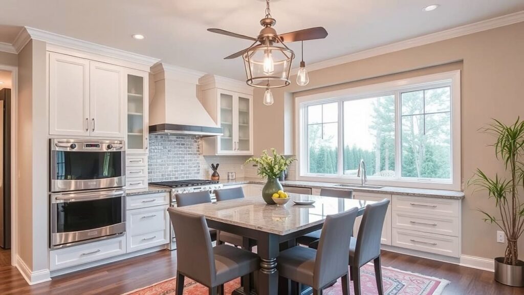 Modern kitchen with white cabinetry, stainless steel appliances, and a central island.