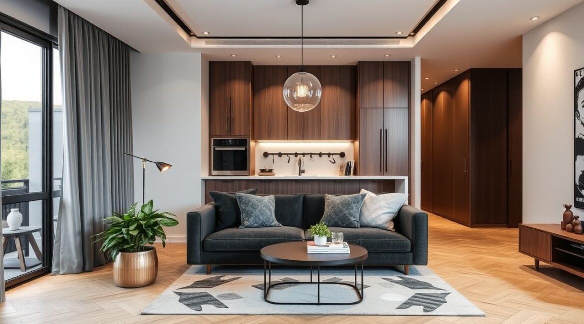 Bright and airy living room with updated furniture and contemporary art after an apartment renovation.