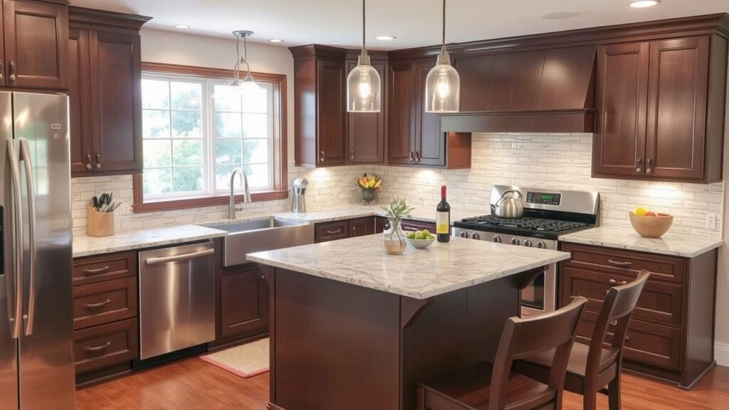 A modern kitchen featuring rich dark wood cabinetry, a central island with a marble countertop, and stainless steel appliances, illuminated by pendant lights.