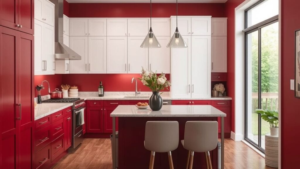 A beautifully remodeled kitchen featuring bold red lower cabinets, white upper cabinets, and a sleek marble countertop