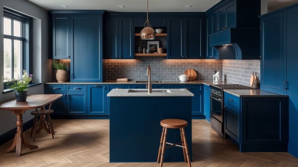 Modern Navy Blue Kitchen Design – A beautifully remodeled kitchen featuring navy blue cabinets, a sleek island with a marble countertop, and a stylish copper pendant light.
