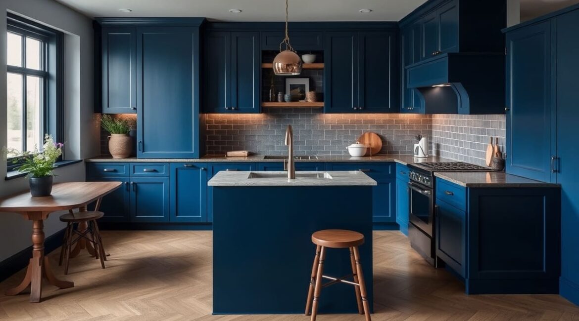 Modern Navy Blue Kitchen Design – A beautifully remodeled kitchen featuring navy blue cabinets, a sleek island with a marble countertop, and a stylish copper pendant light.