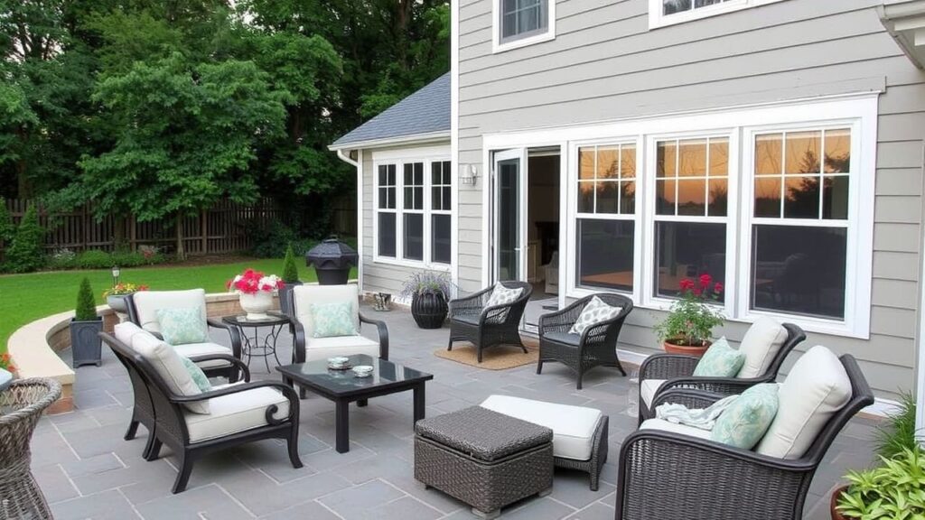 Stylish patio with wicker furniture, stone tiles, and lush green surroundings.