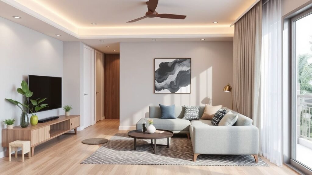 Renovated apartment living space featuring a beige sofa, wooden flooring, and stylish decor elements.