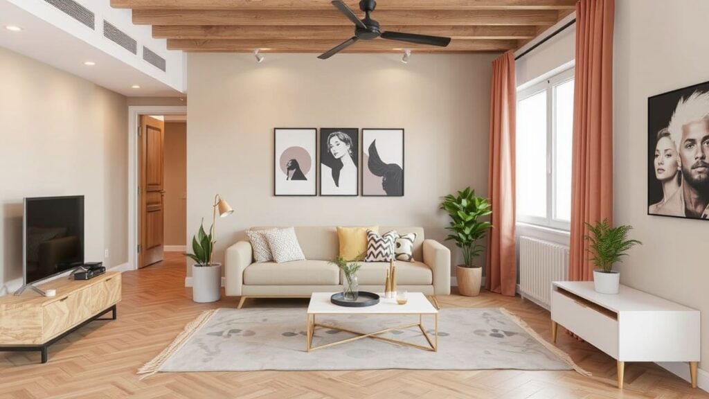 Modern living room with light beige walls, wooden ceiling beams, and minimalist furniture after an apartment renovation.