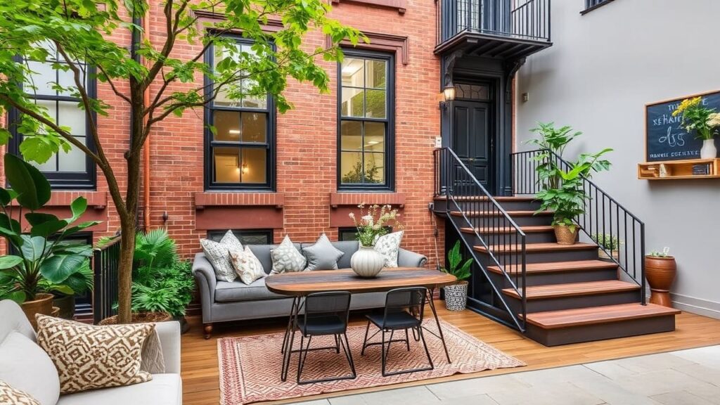 Brownstone renovations showcasing an outdoor patio with red brick walls, a gray sofa, a wooden dining table, black-framed windows, and lush greenery.