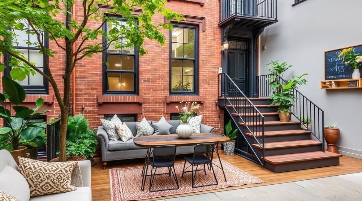 Renovated brownstone living room with exposed brick walls, black-framed windows, modern gray furniture, a wooden coffee table, and warm decor blending historic charm with contemporary style.