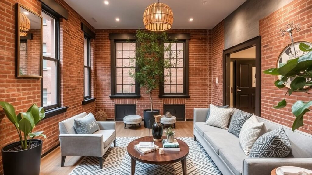 Renovated brownstone living room with exposed brick walls, black-framed windows, modern gray furniture, a wooden coffee table, and warm decor blending historic charm with contemporary style.