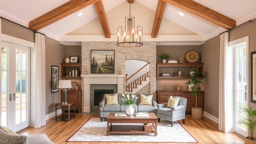 A remodeled living room with vaulted ceilings, a stone fireplace, and built-in shelves.