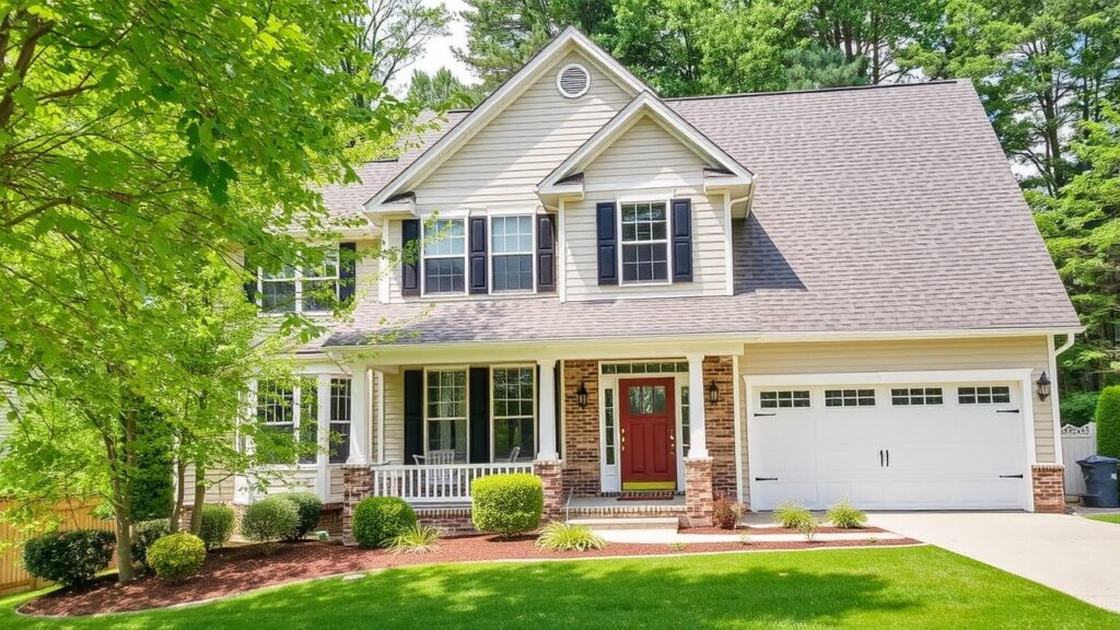 A beautifully remodeled two-story suburban home featuring a fresh exterior with beige siding, black shutters, a red front door, and a manicured lawn surrounded by lush greenery.