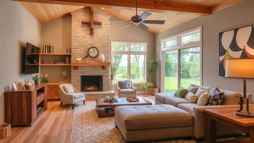 A spacious and bright living area featuring a neutral color palette, stylish furniture, and an inviting sectional sofa paired with a wooden coffee table and soft lighting.