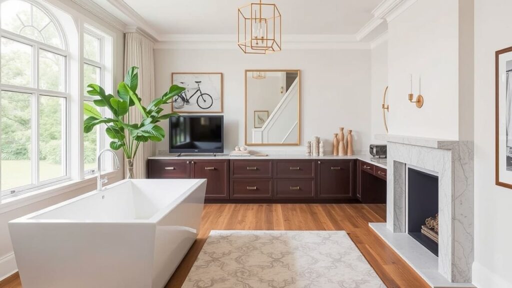 A luxurious bathroom with a freestanding tub, large windows, dark wood cabinets, a marble fireplace, and modern decor accents.