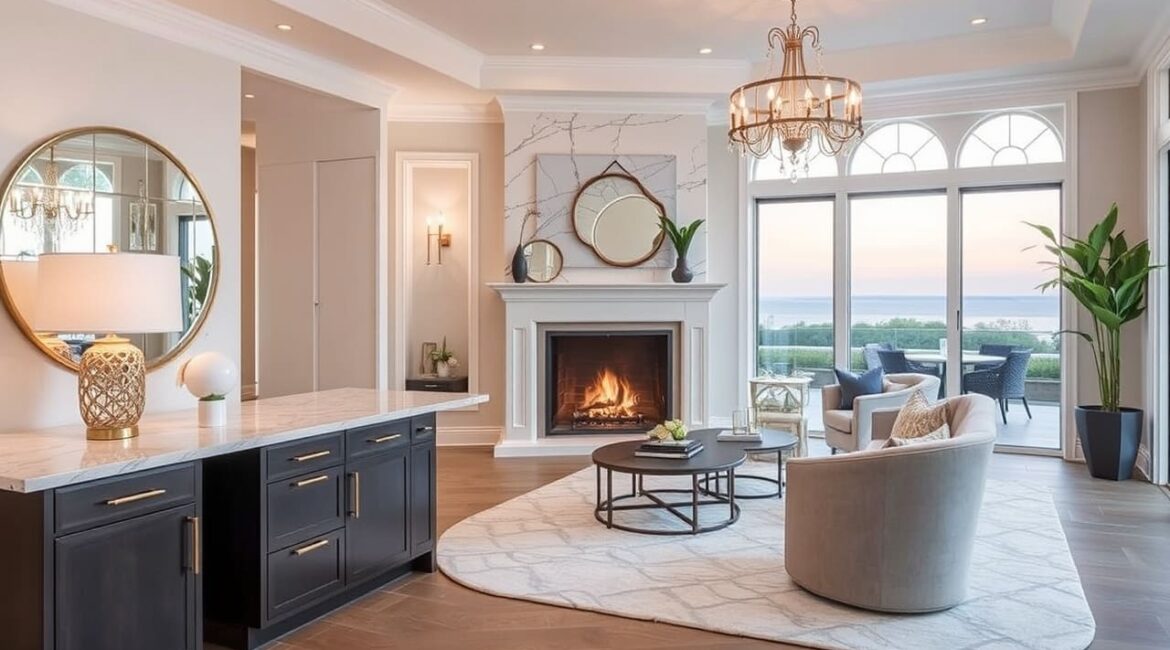 A stylish living room with a marble fireplace, modern decor, a chandelier, and large windows showcasing a sunset view. The space includes elegant furniture, a marble countertop, and a cozy seating area.