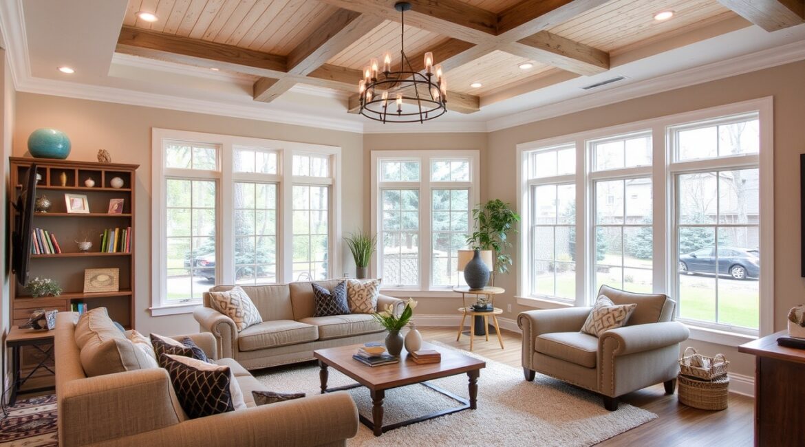 A remodeled living room with vaulted ceilings, a stone fireplace, and built-in shelves.