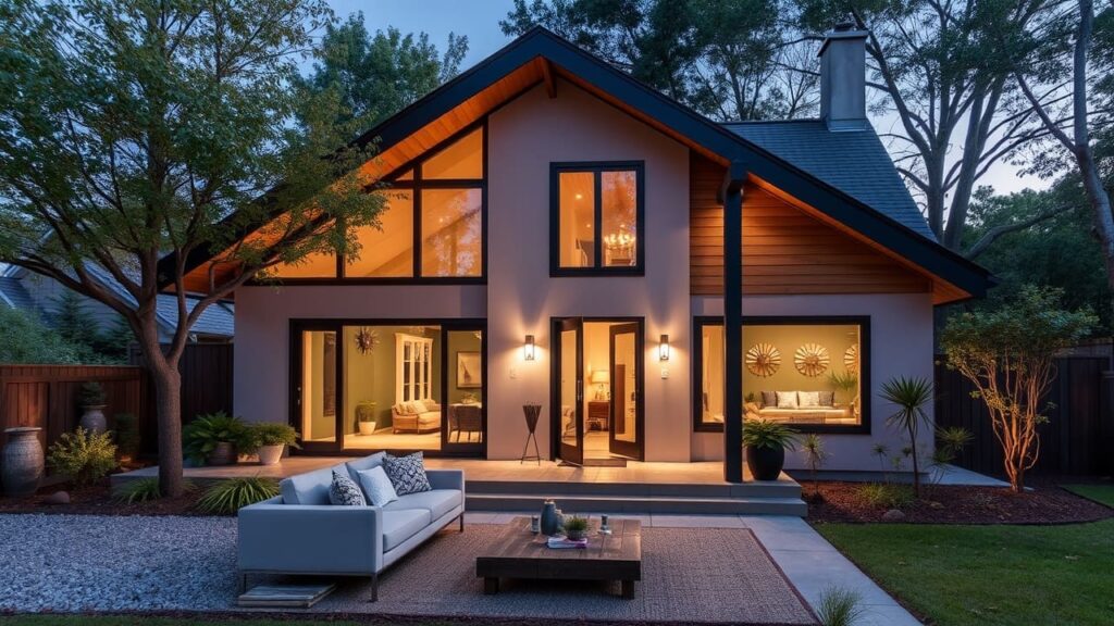 A contemporary home renovation featuring an elegant facade, open-concept living space, and a well-lit outdoor lounge.