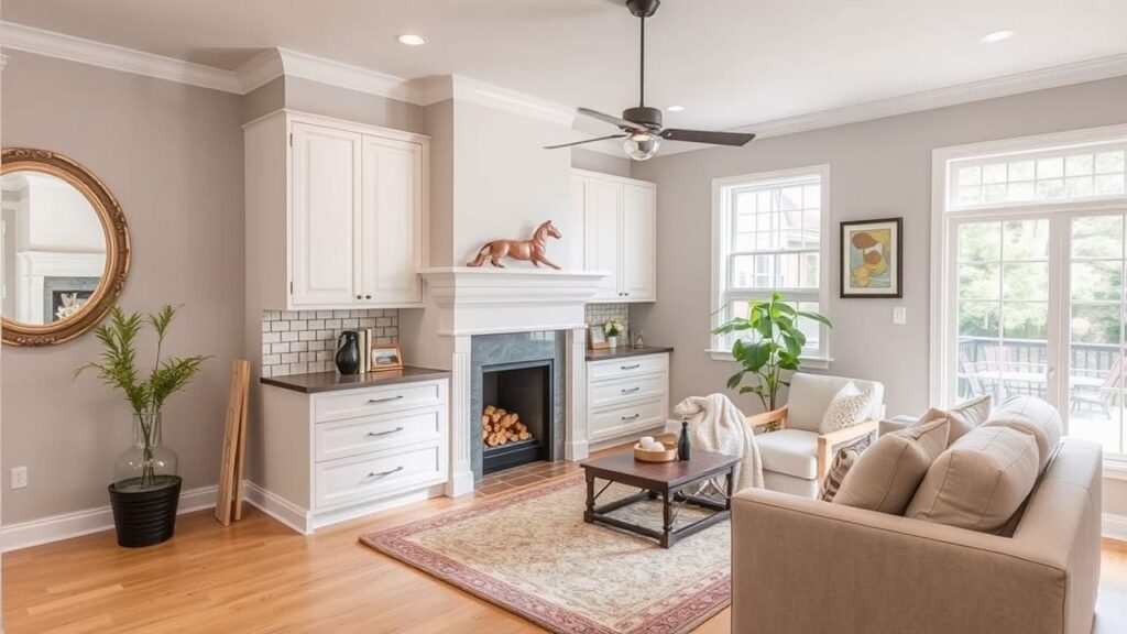 A beautifully renovated living space featuring a warm color palette, updated cabinetry, and a contemporary fireplace design.