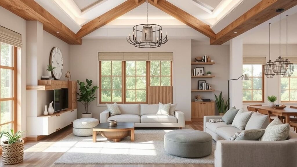 Spacious living room with vaulted ceilings, wood beams, and modern furnishings.